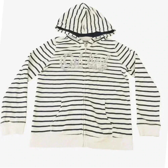 OshKosh B’Gosh White and Black Stripes Logo Hoodie Long Sleeves Sz 10/12#2072 - Picture 1 of 5